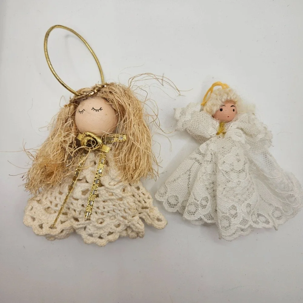 Vintage Handmade Angel Christmas Ornaments Lot of 2 Crochet Lace Wood‎ Head